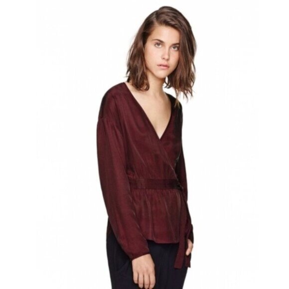Wilfred Aritzia Anemone Blouse Wrap Tie Up Belted V-neck Truffle Maroon Size XS - Picture 3 of 16